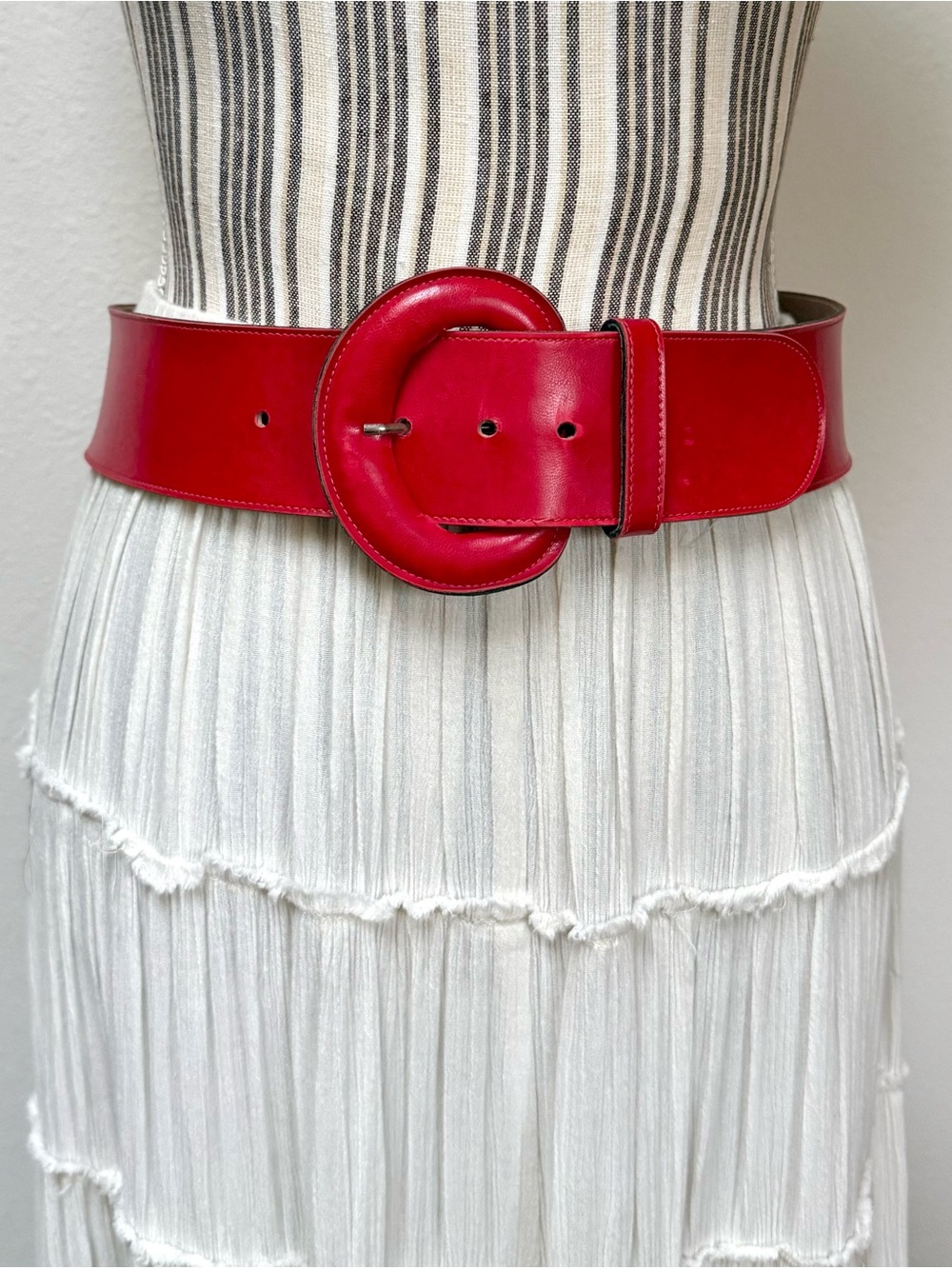 Vintage Calderon red wide leather statement belt oversized buckle 90s USA